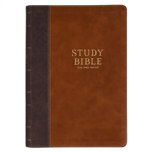 KJV Study Bible, Large Print King James Version Holy Bible, Thumb Tabs, Ribbons, Vegan Leather, Brown Two-Tone