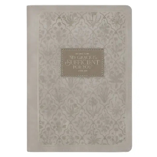 Christian Art Gifts Inspirational Zippered Journal, My Grace Is Sufficient for You Wide Ruled Notebook, 2 Cor. 12:9 Bible Verse, Taupe Vegan Leather,