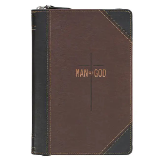 Christian Art Gifts Inspirational Zippered Journal, Man of God Wide Ruled Notebook, 1 Tim. 6:11 Bible Verse, Two Tone Brown/Black Vegan Leather, 336 L by Christian Art Gifts