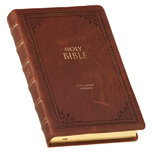 KJV Holy Bible, Standard Size Premium Full Grain Leather Red Letter Edition - Thumb Index & Ribbon Marker, King James Version, Brown Debossed
